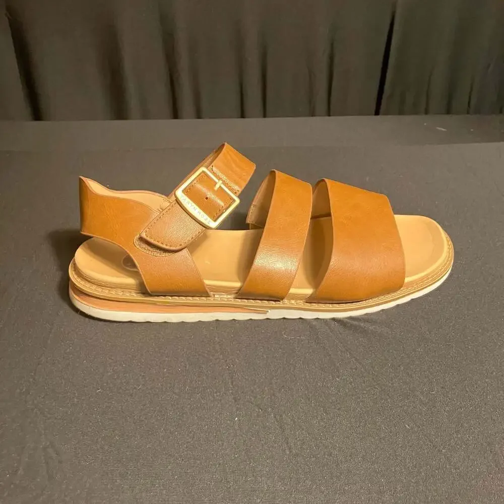 Brown Leather Triple Strap Platform Sandals with Buckle
